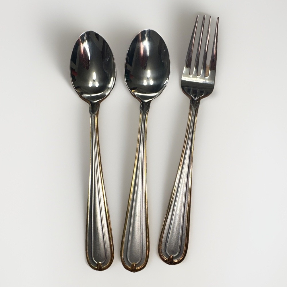 (2) Teaspoons (1) Salad Fork Hampton Lorraine Stainless‎ Gold Accent Outline
